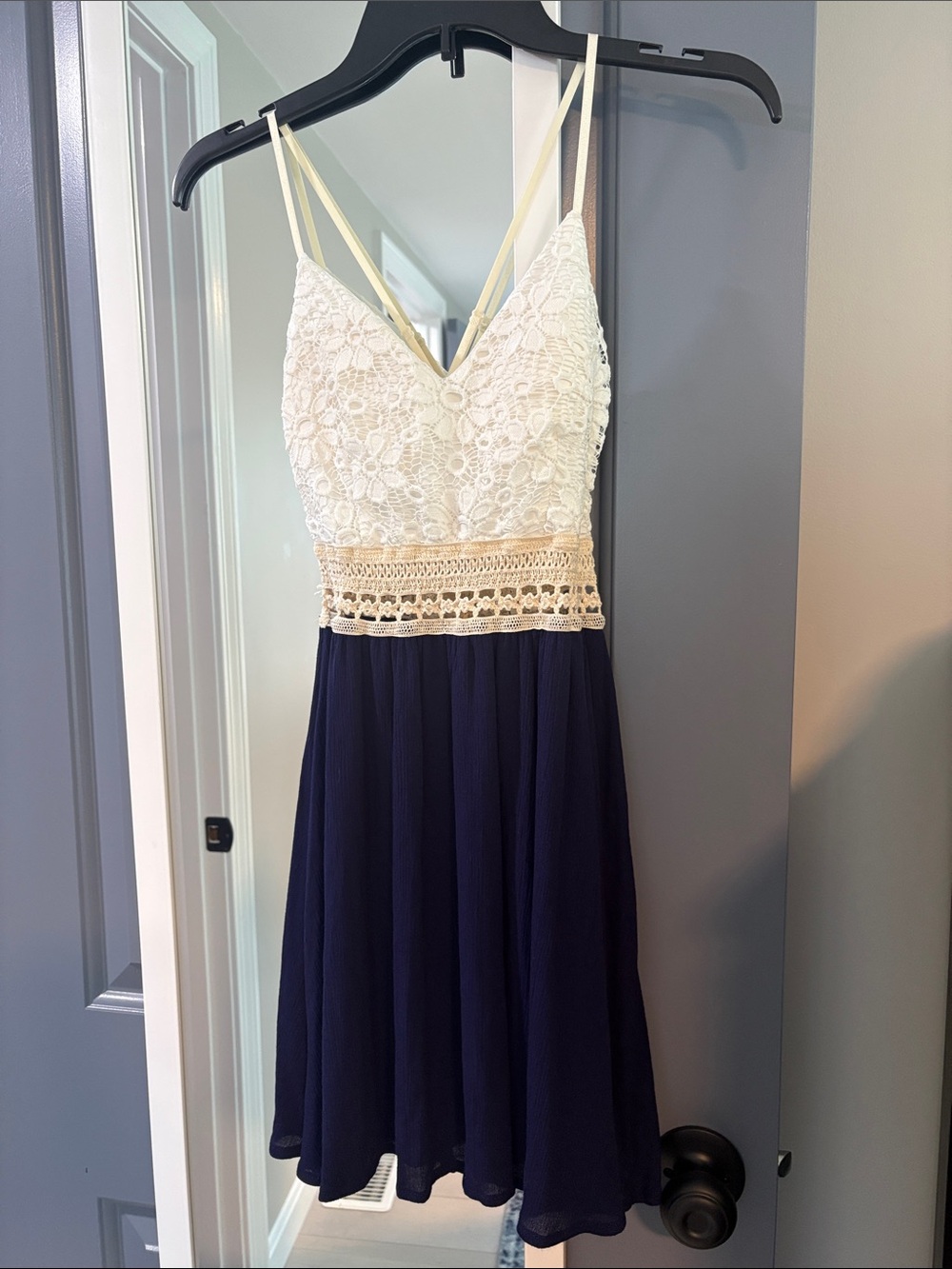 Spaghetti Strap Mini Dress with White Lace Bodice and Navy Skirt